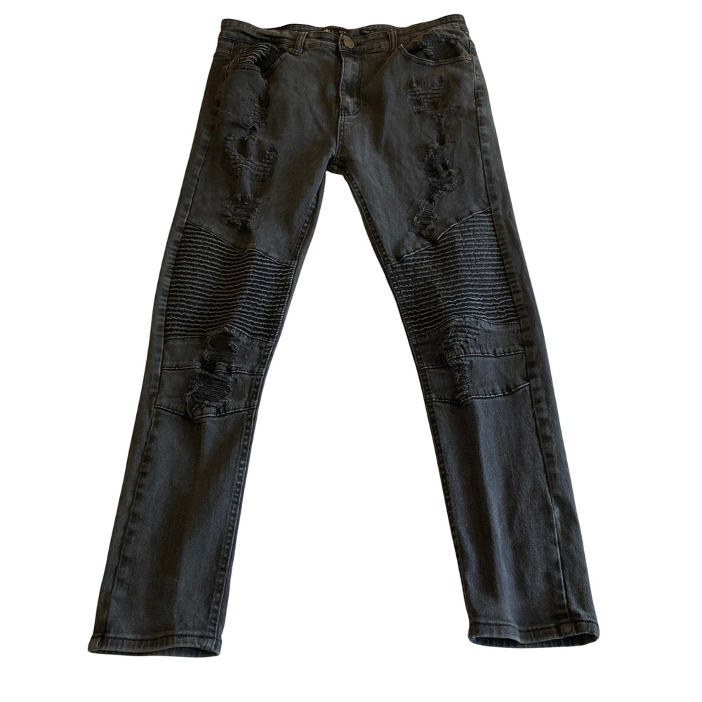 Waimea Men 36x32 (Fit 36x28) Skinny Moto Distressed Jeans Faded Black Biker Rib